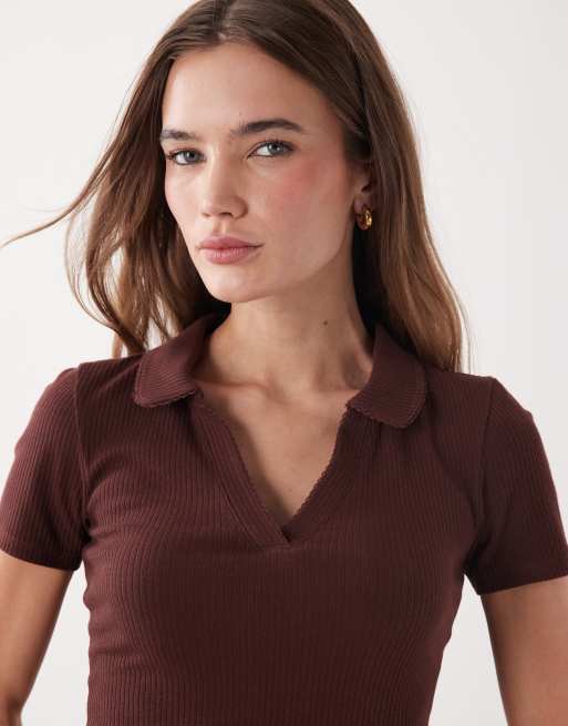 Miss Selfridge fitted rib knit polo top with picot stitching in chocolate, 4 of 4