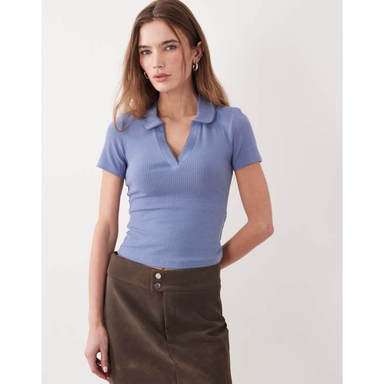 Miss Selfridge fitted rib knit polo top with picot stitching in dusky blue