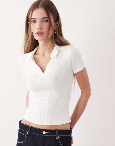 Miss Selfridge fitted rib knit polo top with picot stitching in white - view 1