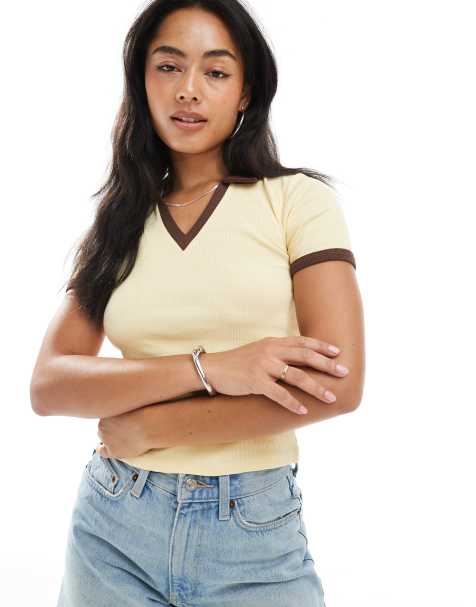 Miss Selfridge fitted rib polo top with contrast collar - view 1