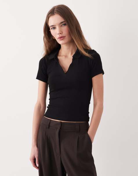 Miss Selfridge fitted rib polo top with picot stitch in black - view 1