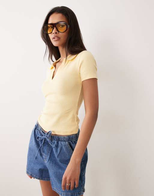 Miss Selfridge fitted rib polo top with picot stitch in buttermilk, 2 of 4