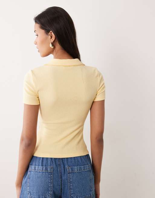 Miss Selfridge fitted rib polo top with picot stitch in buttermilk, 4 of 4