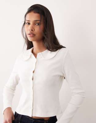 Miss Selfridge Fitted Ribbed Cardigan With Peter Pan Collar In White