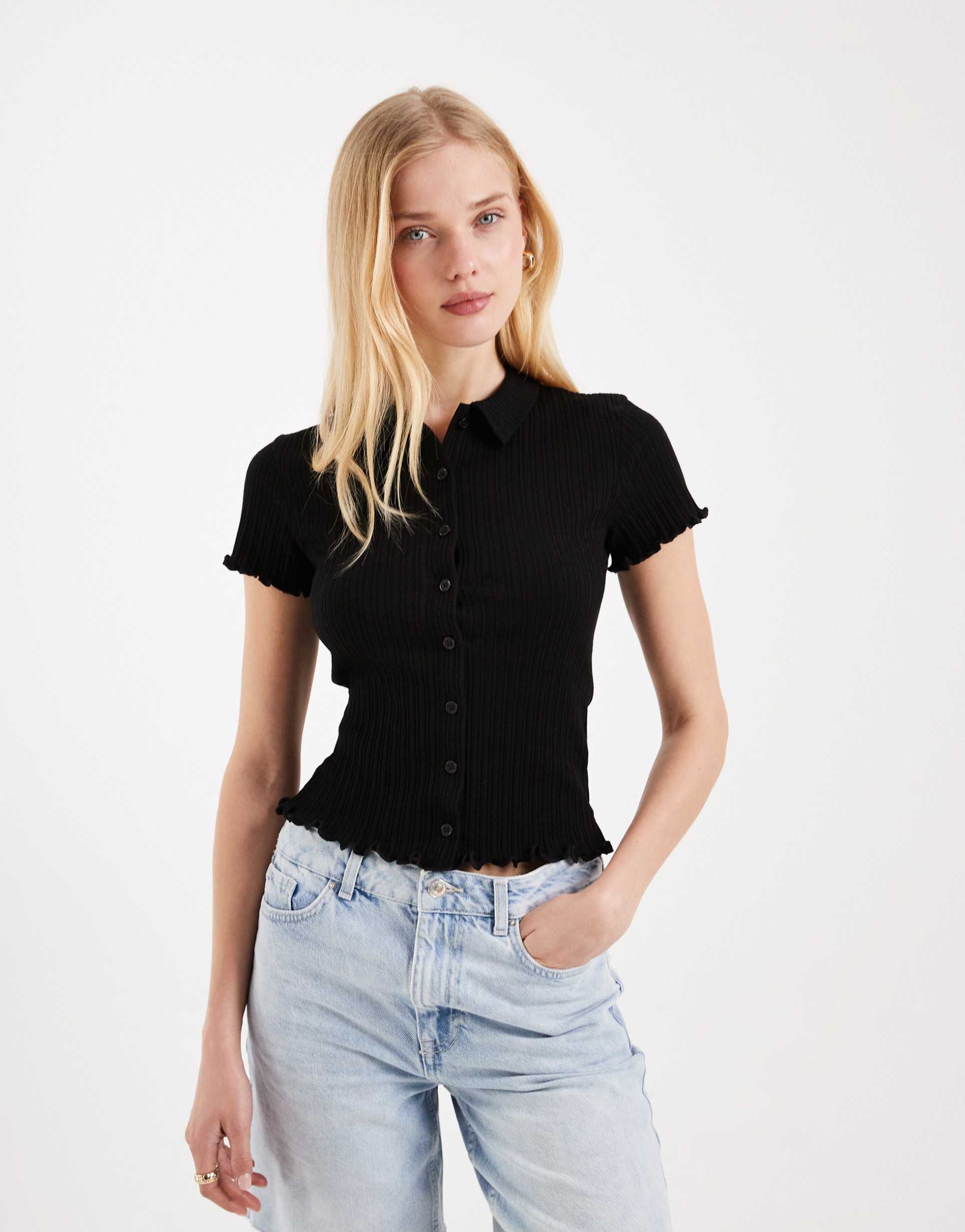 miss selfridge fitted shirt with lettuce edges in black