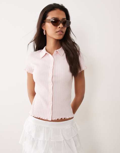 Miss Selfridge fitted shirt with lettuce edges in pink - view 1