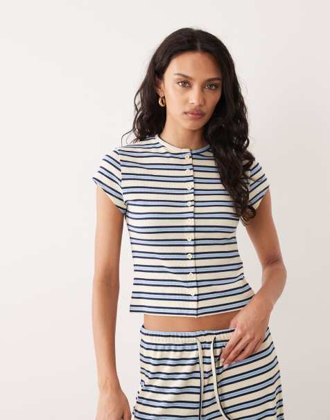 Miss Selfridge fitted short sleeve button up top in buttermilk stripe - view 1
