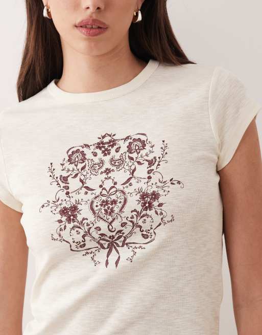 Miss Selfridge fitted slub t-shirt with graphic in cream, 3 of 4