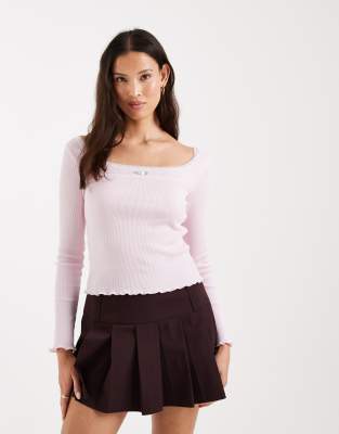 Miss Selfridge Fitted Square Neck Rib Knit Top With Lace Trim In Pink