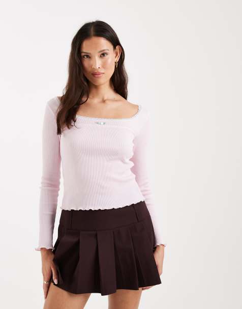 Miss Selfridge fitted square neck rib knit top with lace trim in pink - view 1