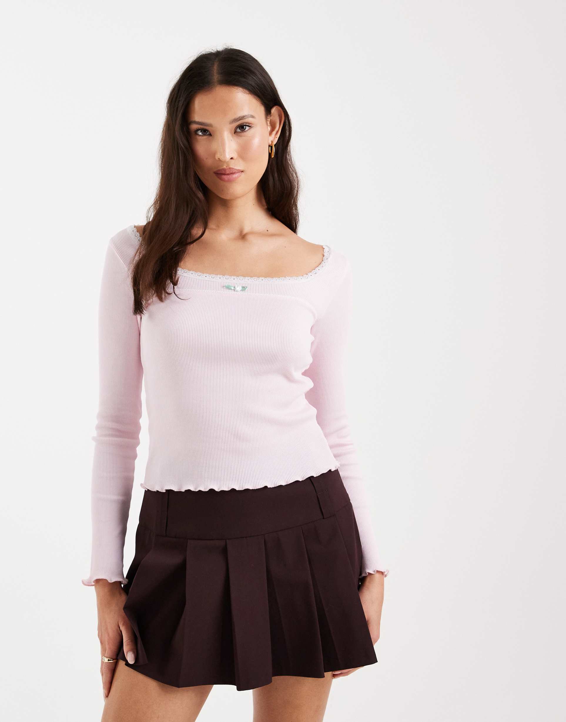miss selfridge fitted square neck rib knit top with lace trim in pink
