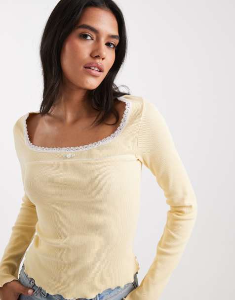 Miss Selfridge fitted square neck ribbed top with lace trim in buttermilk - view 1