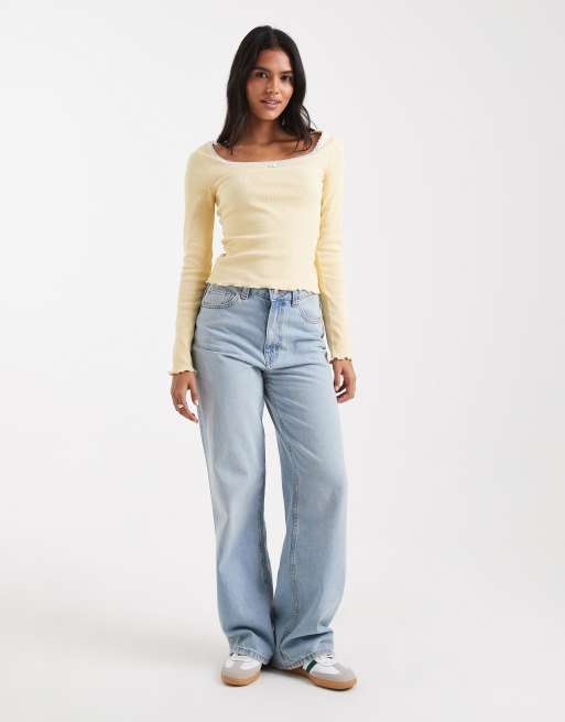 Miss Selfridge fitted square neck ribbed top with lace trim in buttermilk, 2 of 4