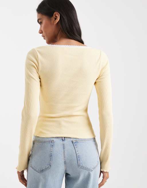 Miss Selfridge fitted square neck ribbed top with lace trim in buttermilk, 4 of 4