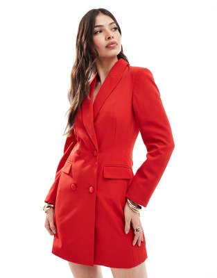 fitted waist blazer dress in red-Multi