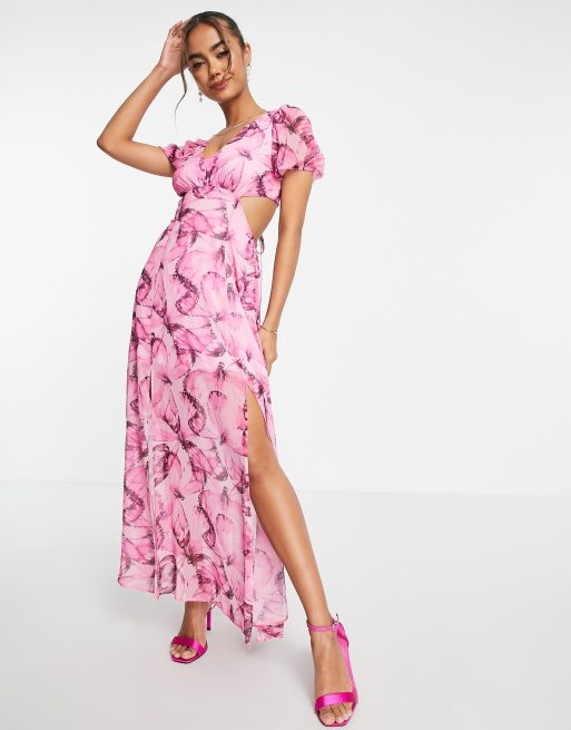 Miss Selfridge – Fjärilsmönstrad midaxiklänning i chiffong med snörning baktill