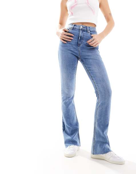 High Waisted Lace up Jeans, Blue Stretch Bell Bottom Denim Jeans -   Canada