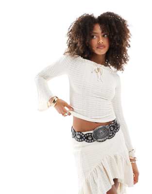 Miss Selfridge Flare Long Sleeve Textured Jersey Top In Multi