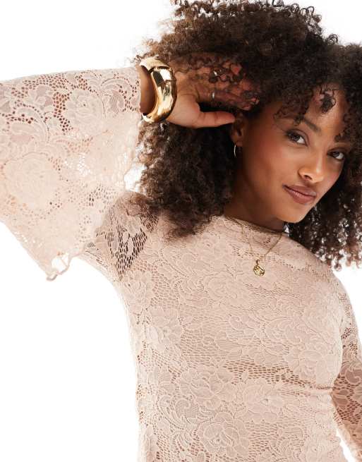 Miss Selfridge flare sleeve boho lace mini dress in neutral