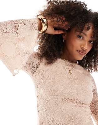 Miss Selfridge flare sleeve boho lace mini dress in neutral