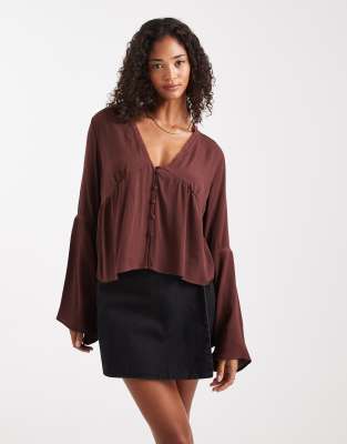 Miss Selfridge Flare Sleeve Button Up Peplum Blouse In Brown