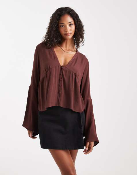 Miss Selfridge flare sleeve button up peplum blouse in brown - view 1