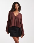 [Miss Selfridge] Miss Selfridge flare sleeve button-up peplum blouse in brown L BROWN