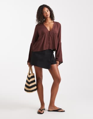 Miss Selfridge Flare Sleeve Button Up Peplum Blouse In Brown