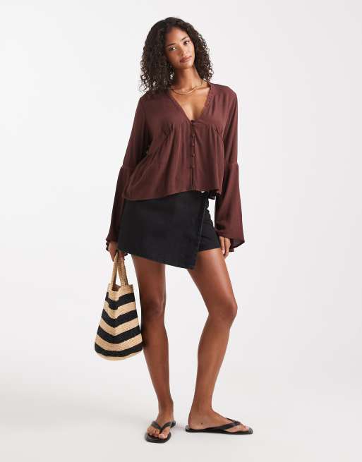 Miss Selfridge flare sleeve button up peplum blouse in brown