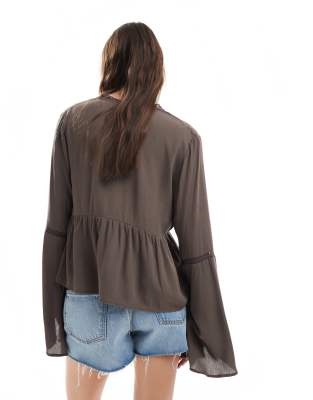 miss selfridge flare sleeve button up peplum blouse in chocolate