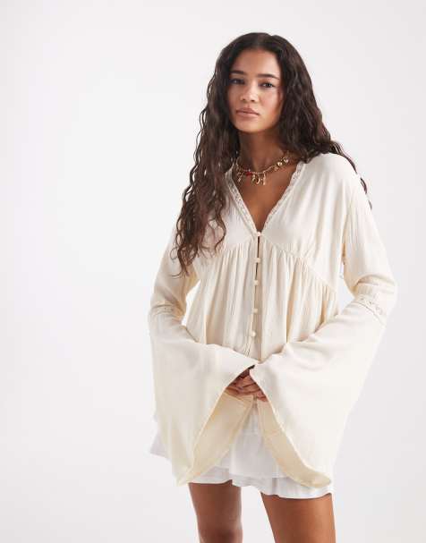 Miss Selfridge flare sleeve button up peplum blouse in ecru - view 1