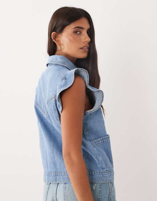 Miss Selfridge flare sleeve denim waistcoat in light wash, 3 of 4