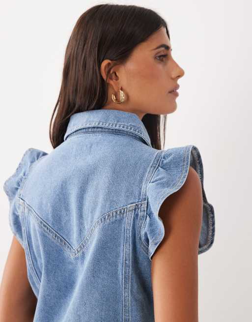 Miss Selfridge flare sleeve denim waistcoat in light wash, 4 of 4