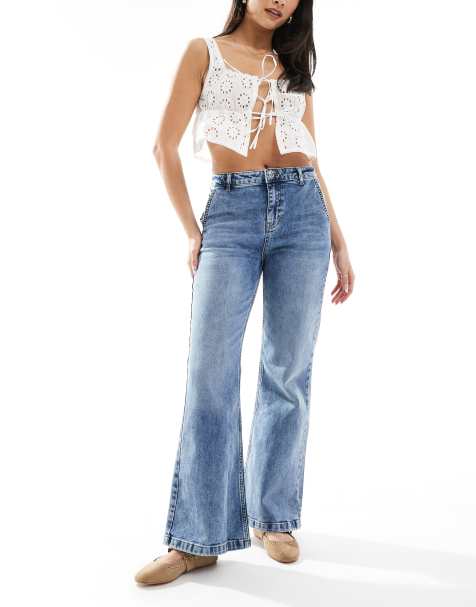 Miss Selfridge flare wide leg jeans in mid blue - view 1