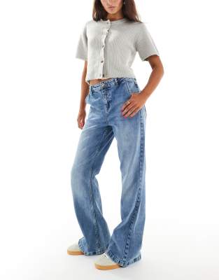 Miss Selfridge flare wide leg jean in mid blue