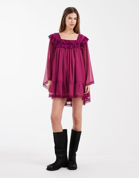 Miss Selfridge flared sleeve mini chiffon & lace dress - view 1