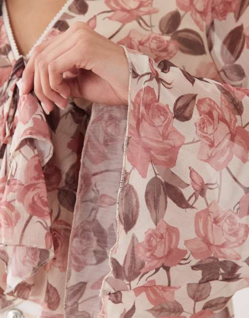 Miss Selfridge flared sleeve ruffle blouse in floral print, 3 of 4