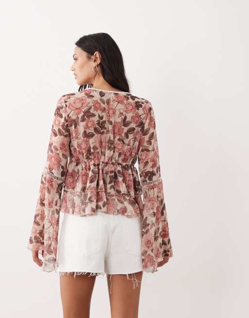 Miss Selfridge flared sleeve ruffle blouse in floral print, 4 of 4