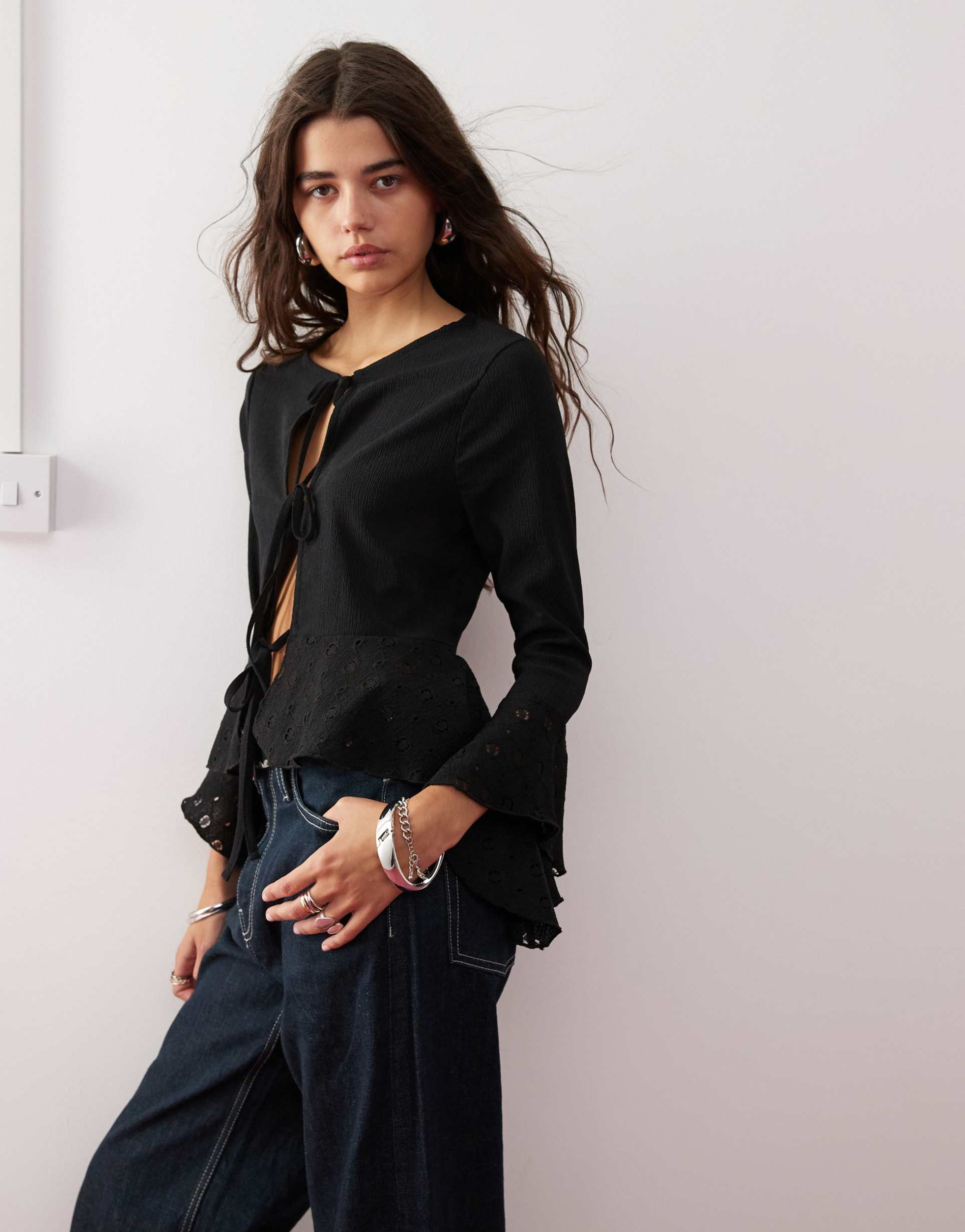 miss selfridge flared sleeve tie front long sleeve top