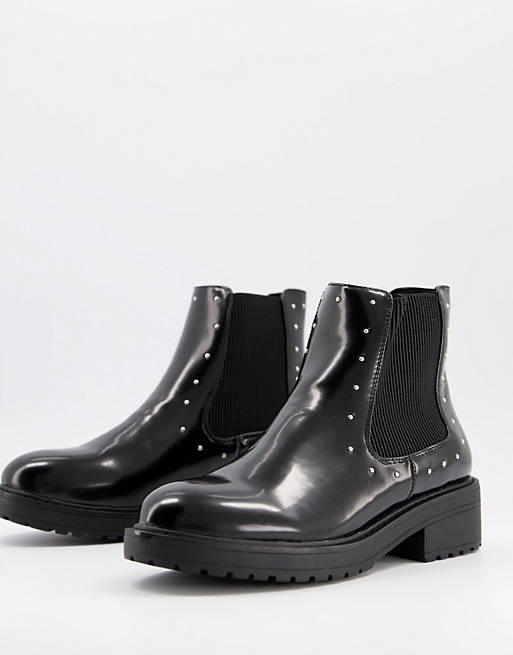 Miss Selfridge flat chelsea boots with stud detail in black
