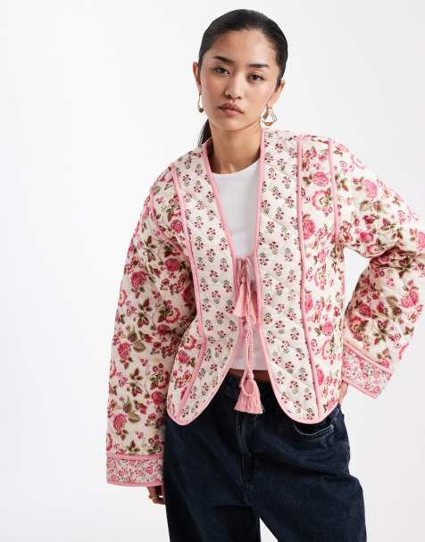 Miss Selfridge – Flerfärgad, vadderad jacka i bomull med blandade mönster och knytning framtill - view 1