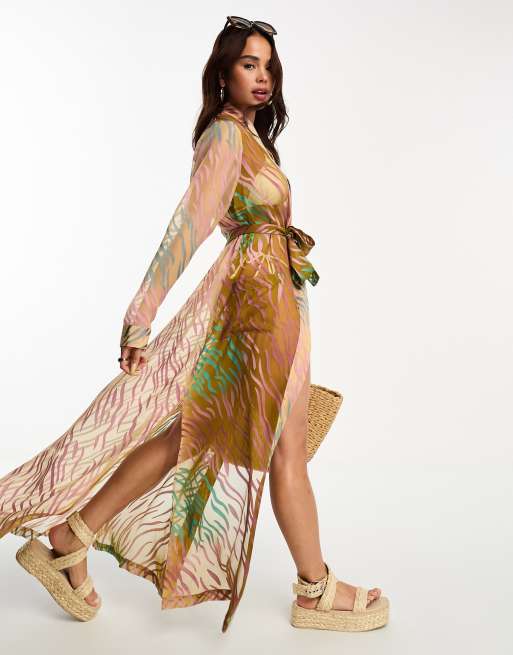 Miss Selfridge – Flerfärgad, zebrarandig strandkimono i maxilängd med ombréeffekt 
