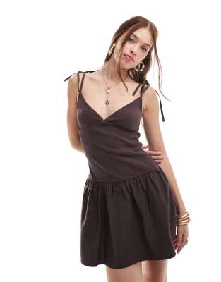 flippy cami mini dress with tie straps in chocolate-Neutral