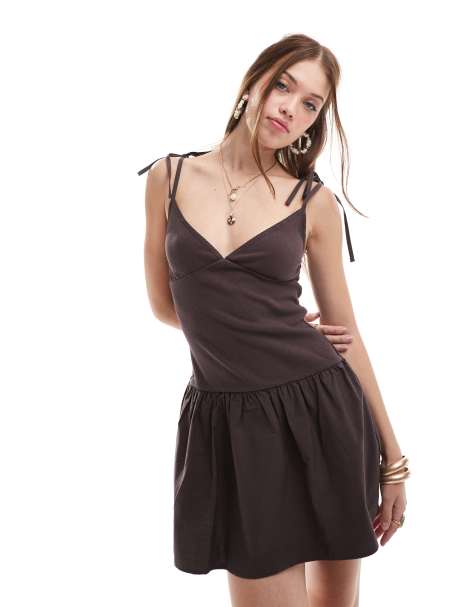 Miss Selfridge flippy cami mini dress with tie straps in chocolate - view 1