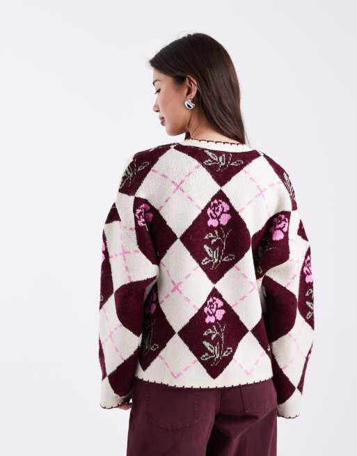 Miss Selfridge floral argyle cardigan in cream and chocolate, 3 of 4