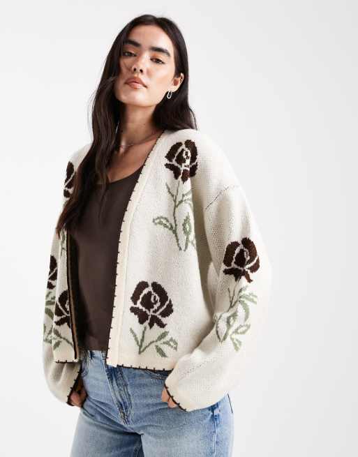 Miss Selfridge floral blanket stitch cardigan in buttermilk