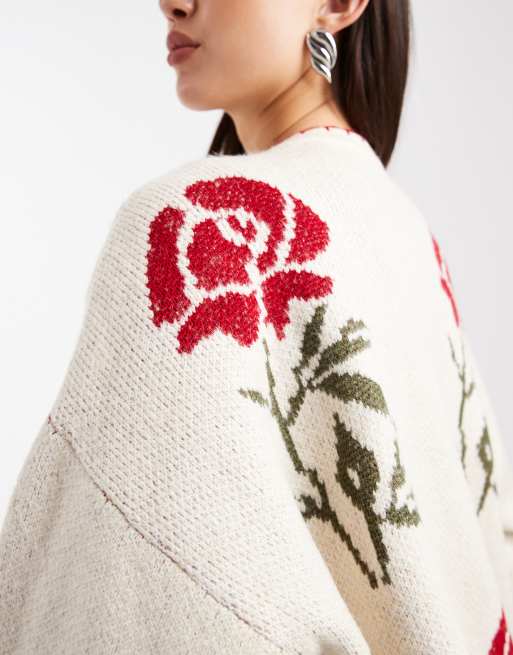 Miss Selfridge floral blanket stitch cardigan in cream, 2 of 4