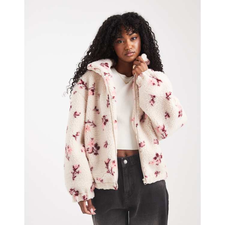 Miss Selfridge floral borg zip through jacket | ASOS