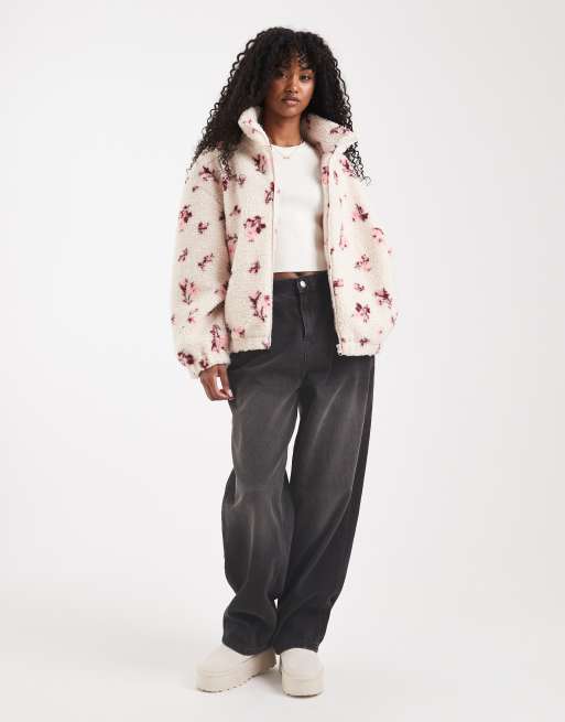 Miss Selfridge floral borg zip through jacket