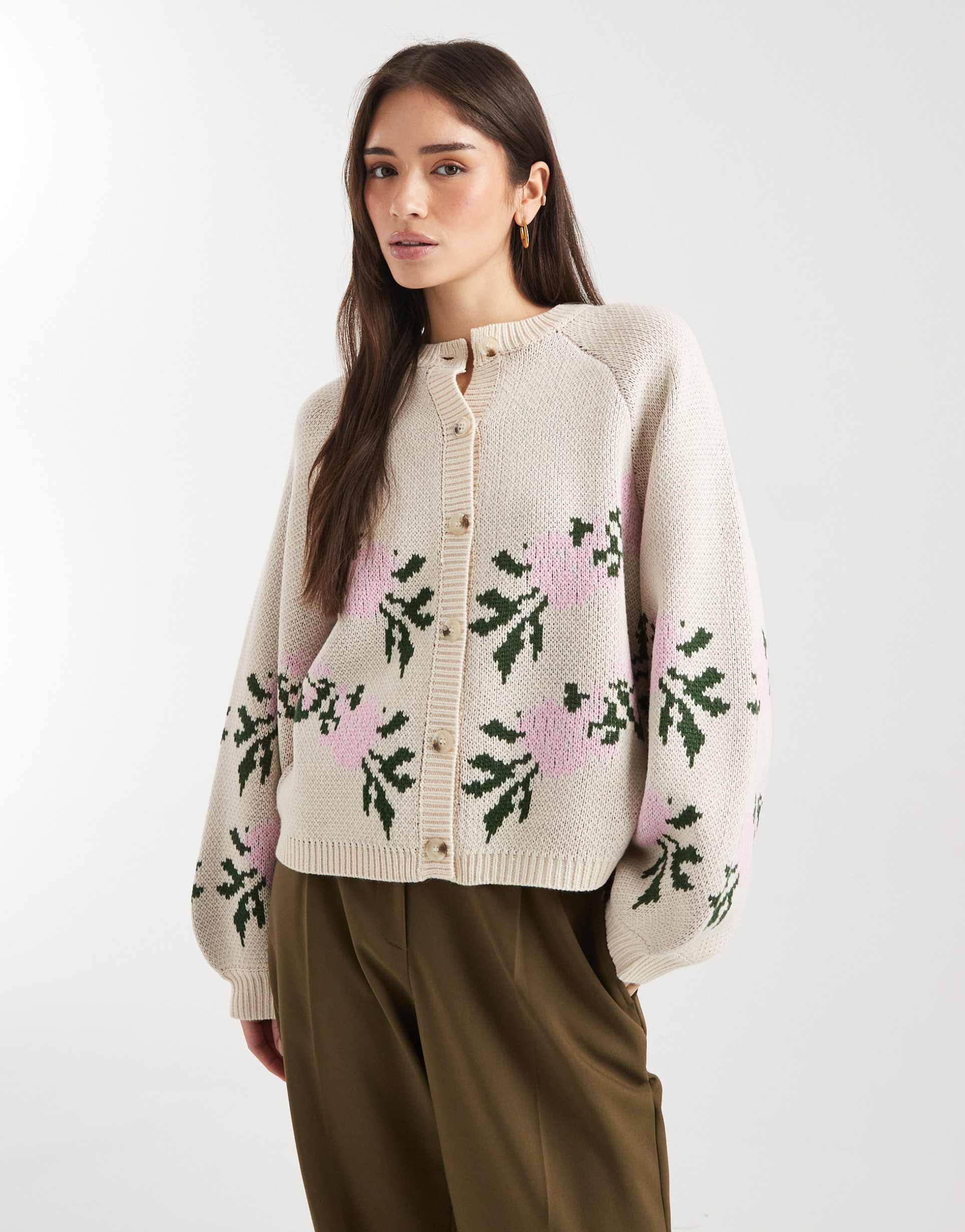 miss selfridge floral crew neck oversized cardigan in multi